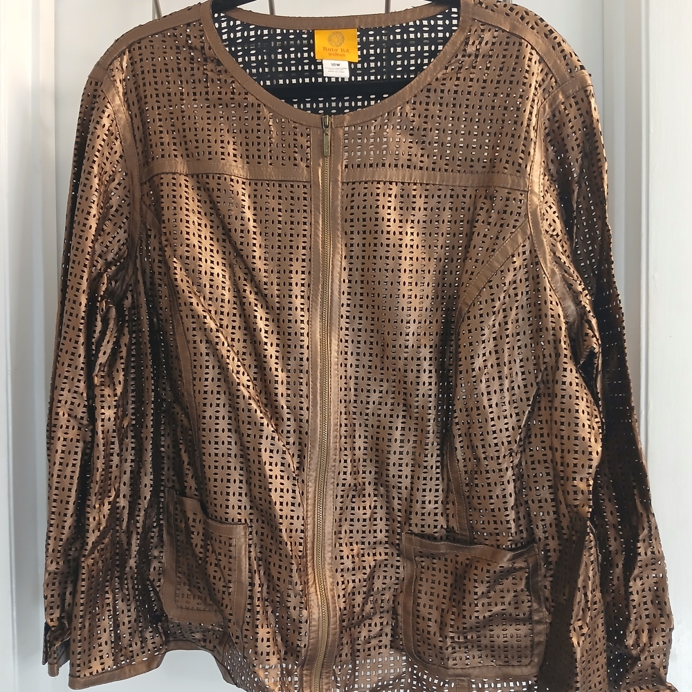 Ruby Rd. Golden Bronze Leather Feel Perforated Laser Cut Jacket 18W Zip Front